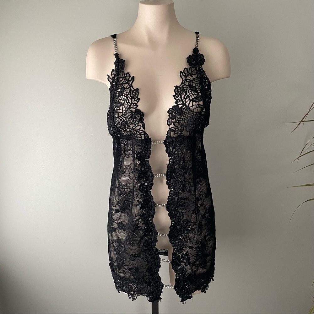 Ann Summers Lace Rhinestone Open Chemise Lingerie Slip Dress Black Goth Gothic